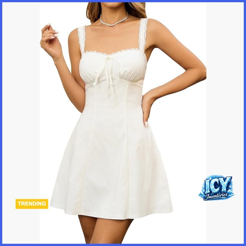 Lace Square Neck Mini Dress Flowy A Line Backless Sleeveless